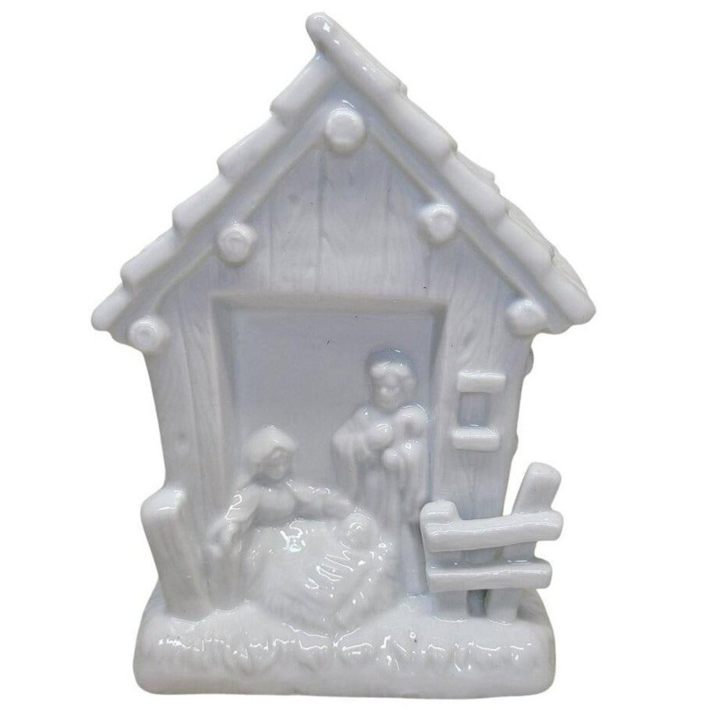 Nativity Nightlight White Ceramic‎ Religious Christmas Stable Jesus Mary6.5in